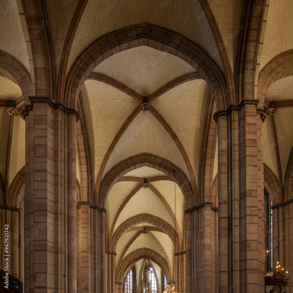 A view from below of four columns supporting the high, arched ceiling of Medieval Cathedral A view from below of four columns supporting the high, arched ceiling of Medieval Cathedral
