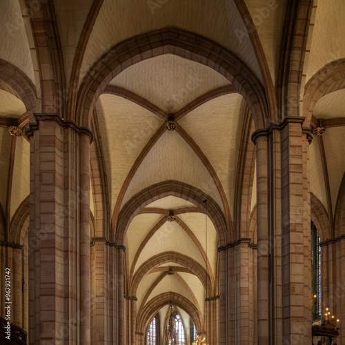 A view from below of four columns supporting the high, arched ceiling of Medieval Cathedral