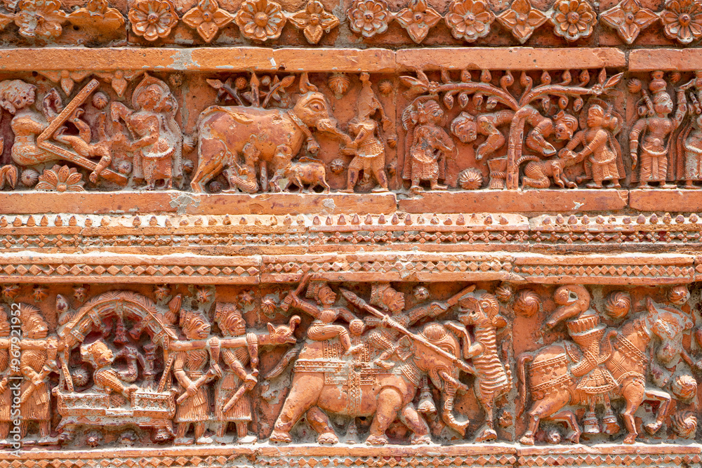 terracotta details carved on the ancient Govinda Temple at Puthia Religious Complex, Rajshahi, Bangladesh.