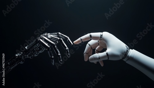 A robotic hand and a human hand suspended in the dark, their fingers reaching out, symbolizing the delicate balance of control and collaboration between man and machine