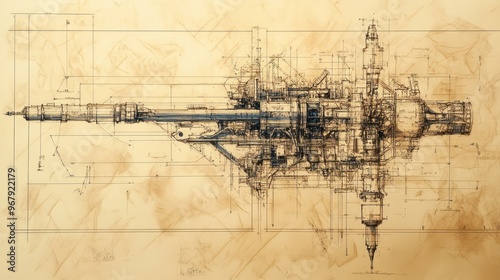 Fototapeta Naklejka Na Ścianę i Meble -  Hand-Drawn Technical Diagram of a Futuristic Spacecraft