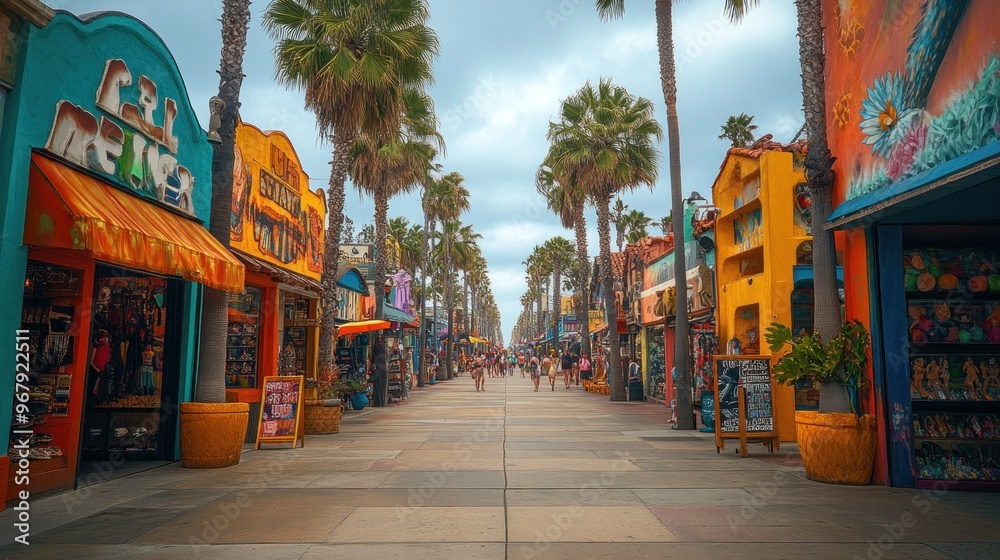 Naklejka premium Colorful shopping street lined with palm trees and vibrant storefronts.