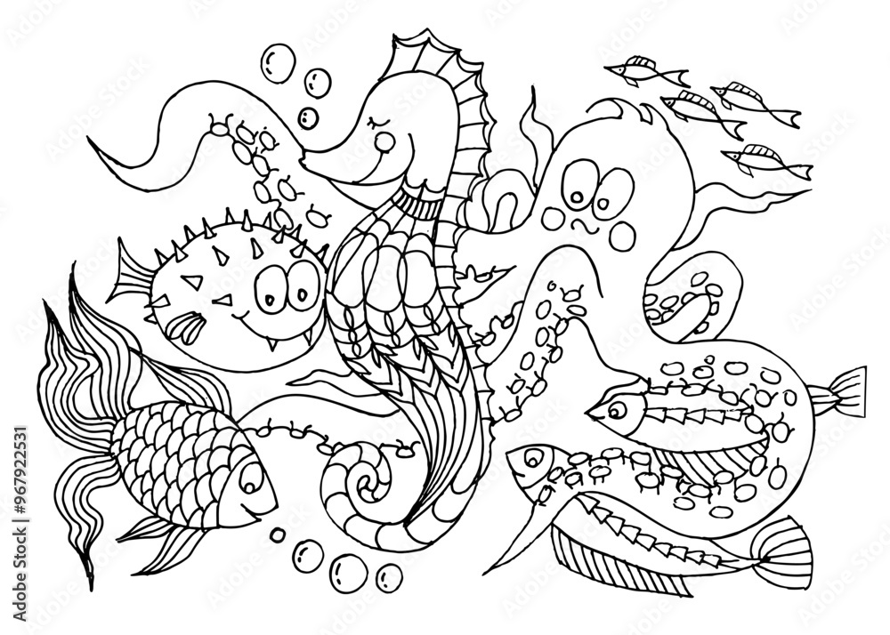 Coloring page with sea animals and fish life. Underwater world. Marine hand drawn vector illustration of funny cartoon characters. Coloring page with sea animals and fish life. Underwater world. Marine hand drawn vector illustration of funny cartoon characters.