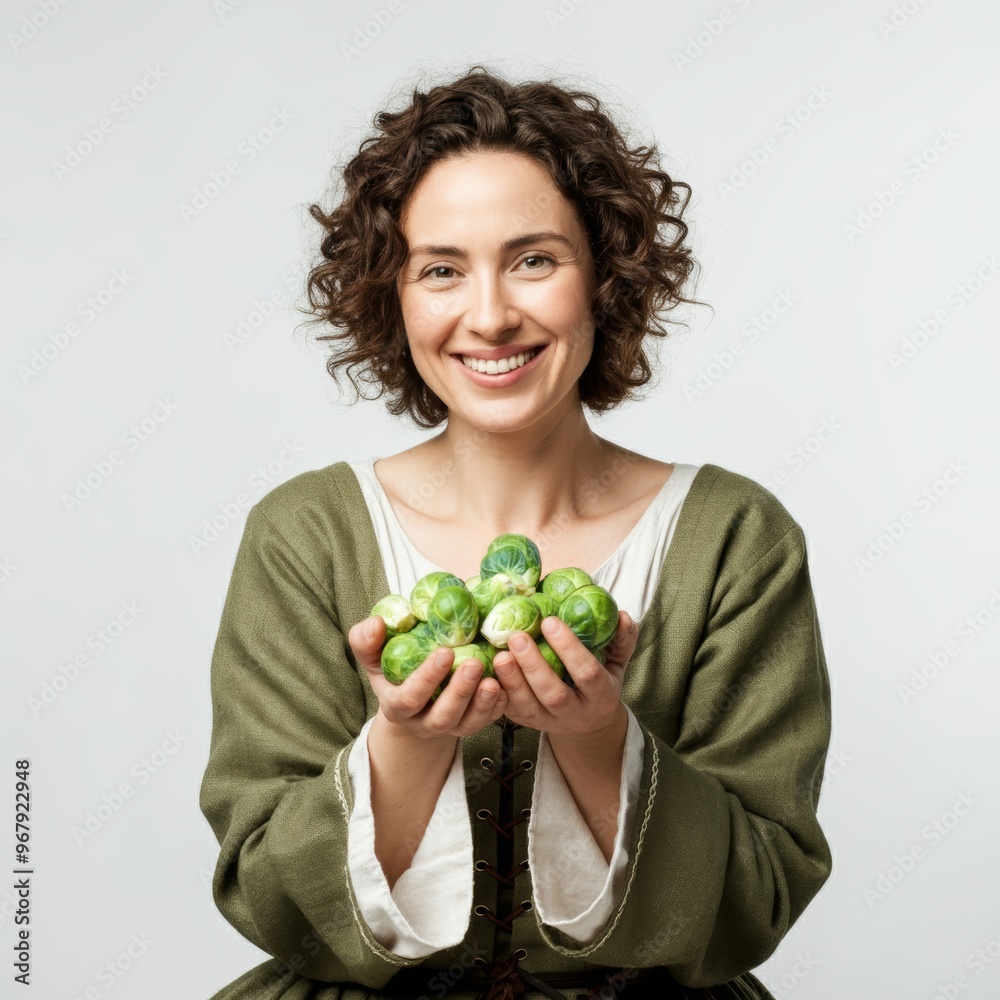 A young adult woman dressed in a medieval dress holding a brussels sprouts A young adult woman dressed in a medieval dress holding a brussels sprouts