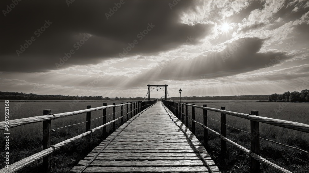 Obraz premium Generative AI, Wooden Suspension Bridge Over an Open Field with Dramatic Clouds