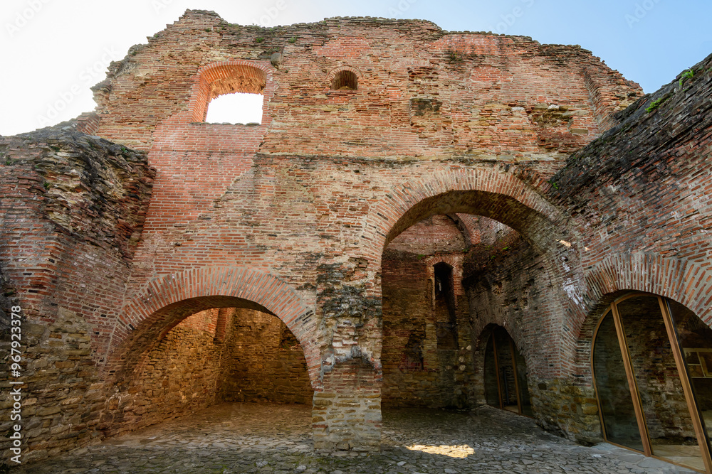 Fototapeta premium Old buildings and ruins at Targoviste Royal Court (Curtea Domneasca) in Chindia Park (Parcul Chindia) in the historical part of the city in a sunny spring day, in Romania