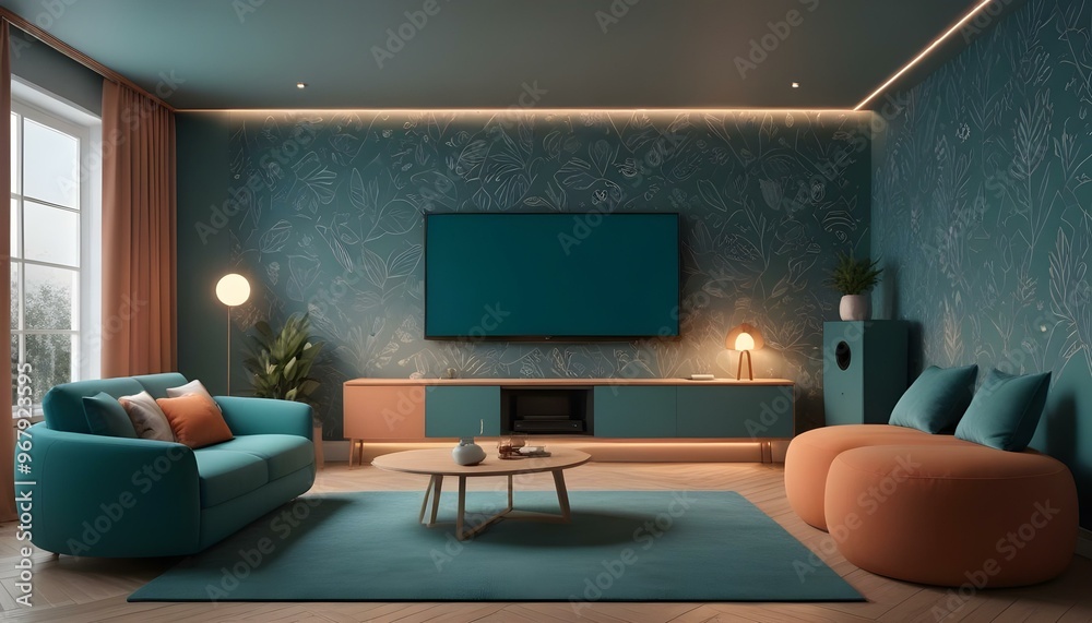 Photo interior modern design room 3d illustration; Photo interior modern design room 3d illustration;