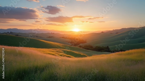 A serene sunset over rolling green hills, showcasing nature's beauty and tranquility.