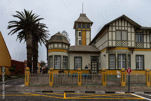 The historic Woermannhaus with tower in Swakopmund, Namibia