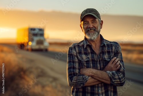 Father and son satisfied trucker. family business. long distance cargo delivery. son does the same thing as father. truck drivers