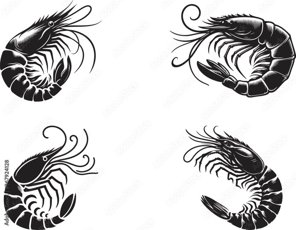 Set of prawn silhouette vector art illustration