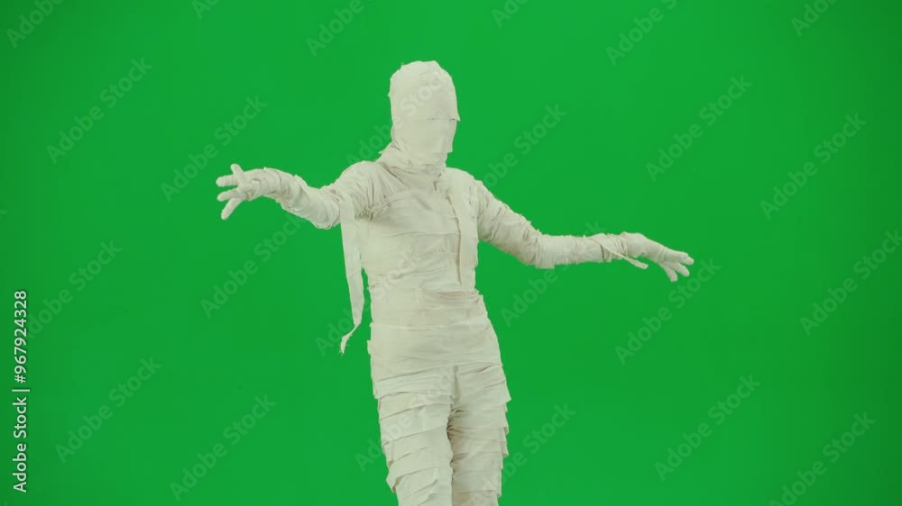 Portrait of person in a mummy bandage on chroma key green screen background. Mummy covered in white cloth ribbons walking with hands up. Portrait of person in a mummy bandage on chroma key green screen background. Mummy covered in white cloth ribbons walking with hands up.