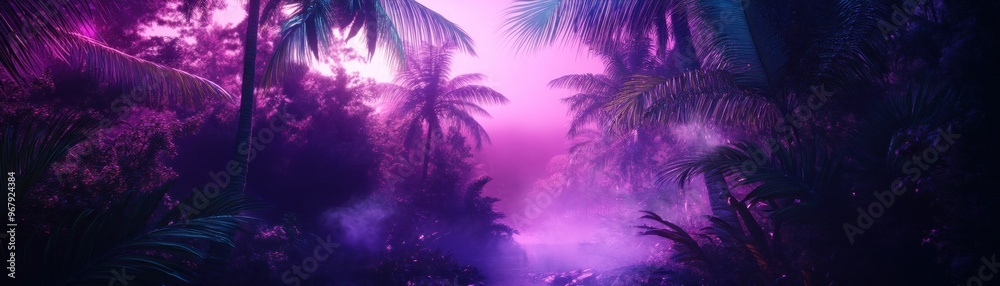 Obraz premium Tropical Forest Path with Purple Haze and Stream
