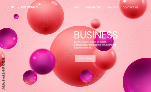 Pink landing page  3d abstract bubble shapes flying above surface. Landing page template. Vector illustration, Colorful landing page