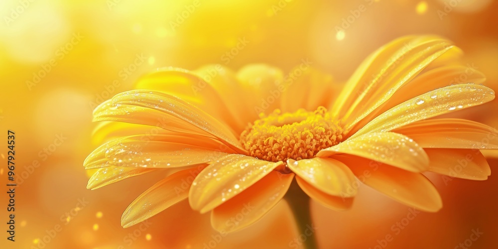 Obraz premium A soft yellow daisy flower, with delicate dewdrops on its petals, glowing in golden light against a bokeh background, symbolizing beauty and freshness