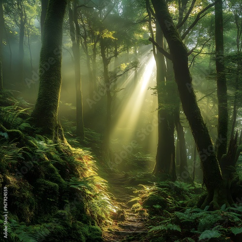 A mysterious, misty forest at dawn, with tall, ancient trees covered in thick moss.