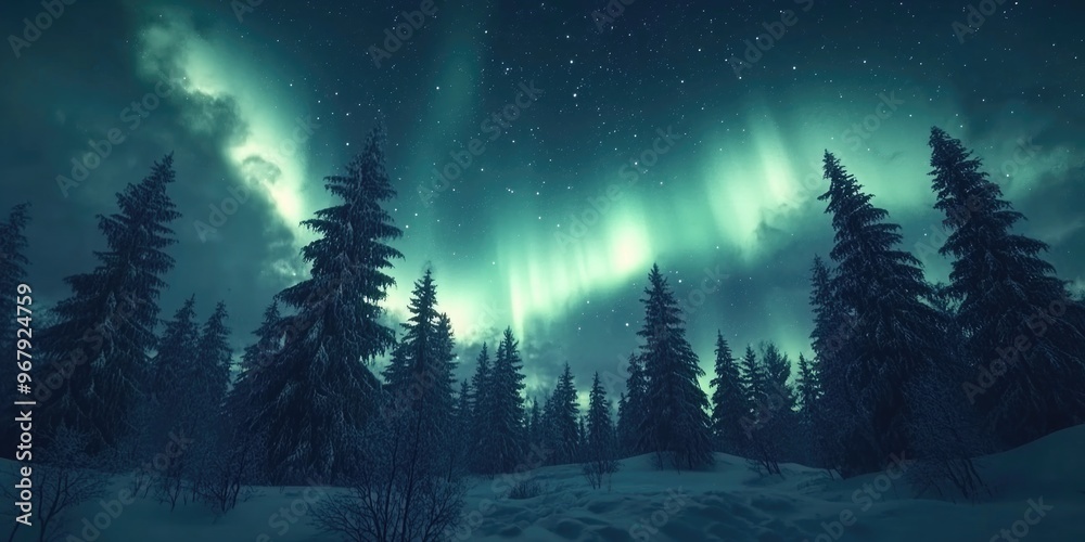 Aurora borealis over snowy forest Aurora borealis over snowy forest
