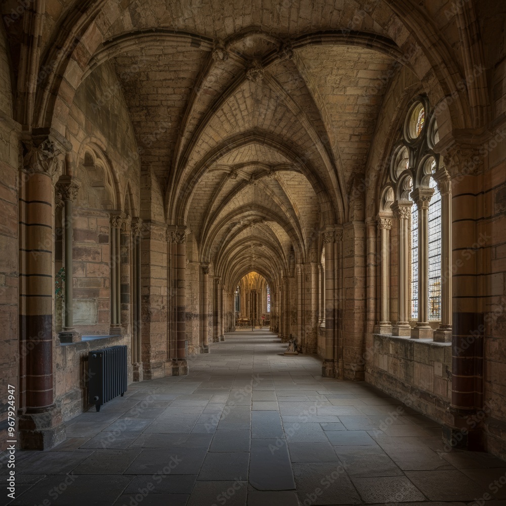 An arched hallway of the cathedral surrounding the central square An arched hallway of the cathedral surrounding the central square