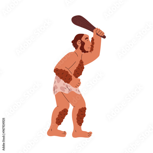 Stone age primitive hairy man club, vector cartoon caveman, Neanderthal, Homo Erectus, ancient tribal warrior or hunter