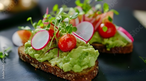 Avocado Toast with Toppings Two slices of toast topped with mashed avocado, cherry tomatoes, radishes, and microgreens, presented elegantly.