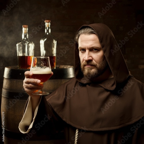 Proud man, medieval monk raising glass of ale, or cognac against vintage background with wooden barrel and bottles on top. Festival drinks. Concept of eras, history, brewery, traditions photo