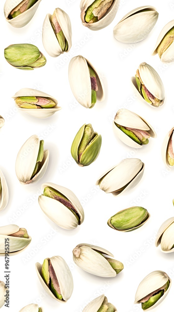 A scattered arrangement of pistachio nuts.
