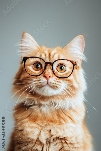 Cute funny cat wearing glasses, set against a solid color background. Intellectual look, perfect for pet-themed designs and concepts.