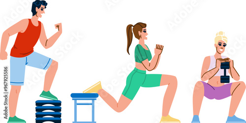 calf fitness exercises leg vector. raises quads, glutes plyometrics, sprints cycling calf fitness exercises leg character. people flat cartoon illustration