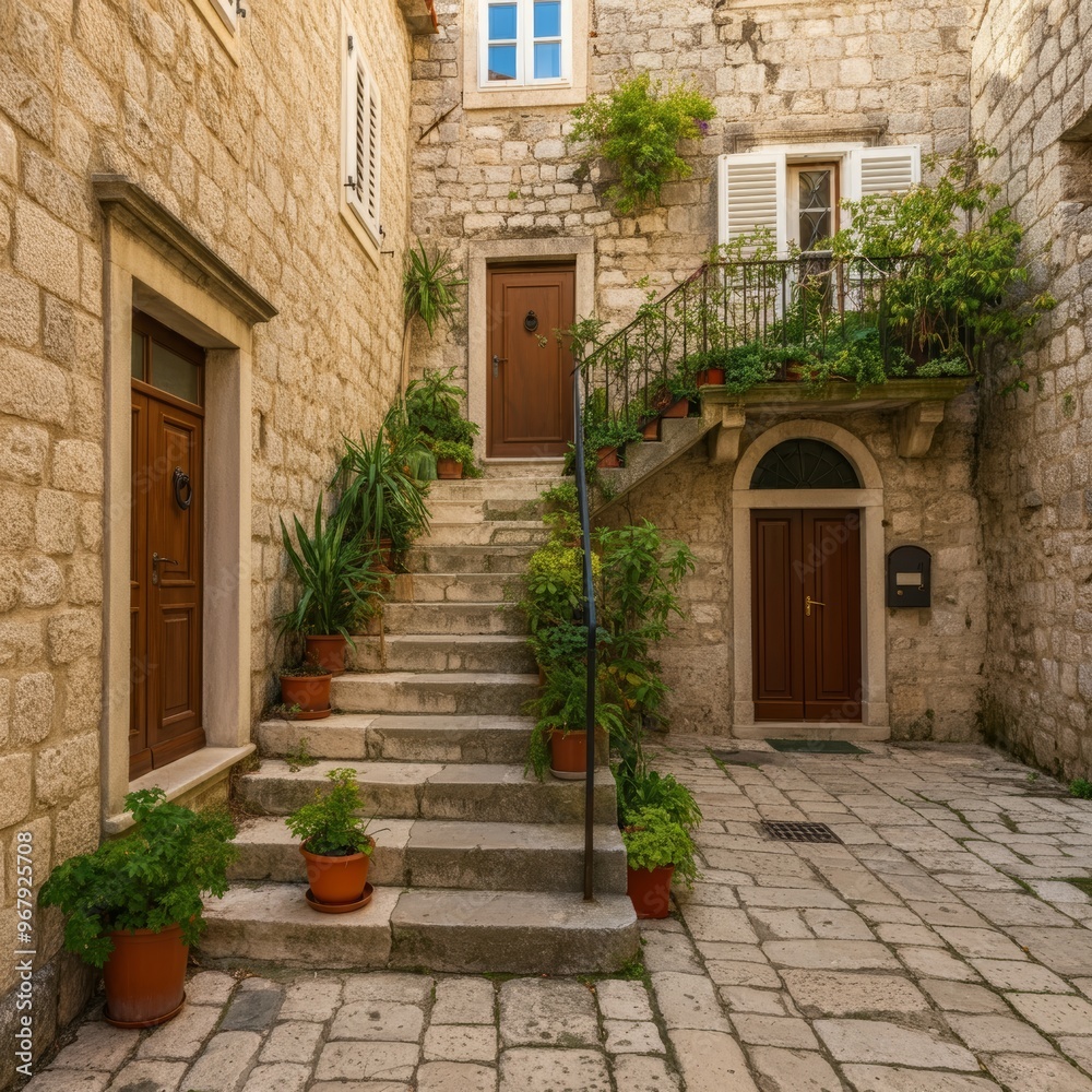 Fototapeta premium Old stone building with stairs lined with potted plants leading to the doorways of residential apartments in the medieval island town of Croatia