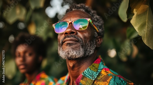 A man sports reflective sunglasses and a colorful shirt, surrounded by green leaves, creating an abstract and vibrant depiction of modern style and dynamic energy.