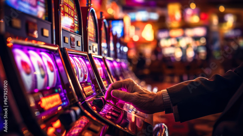 Hand playing slot machine in a casino