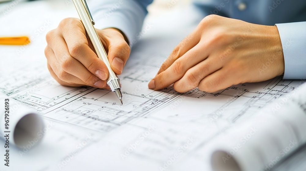 Blueprint and construction plans being reviewed on-site. copy space for text. Blueprint and construction plans being reviewed on-site. copy space for text.