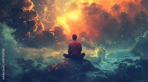 Man meditating on top of a mountain surrounded by beautiful clouds