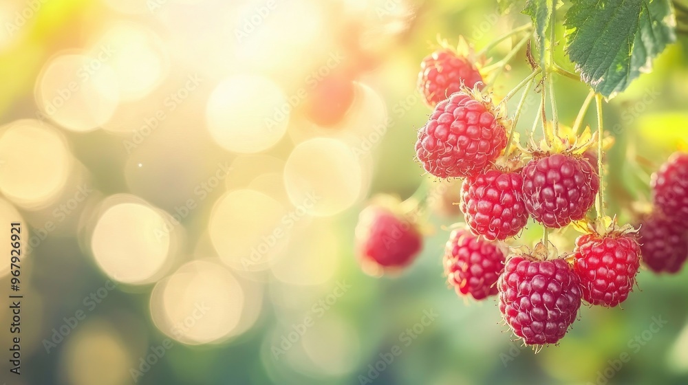 Ripe Red Raspberries Hanging on Branch in the Sunlight, Close-up View with Soft Bokeh Background Ripe Red Raspberries Hanging on Branch in the Sunlight, Close-up View with Soft Bokeh Background