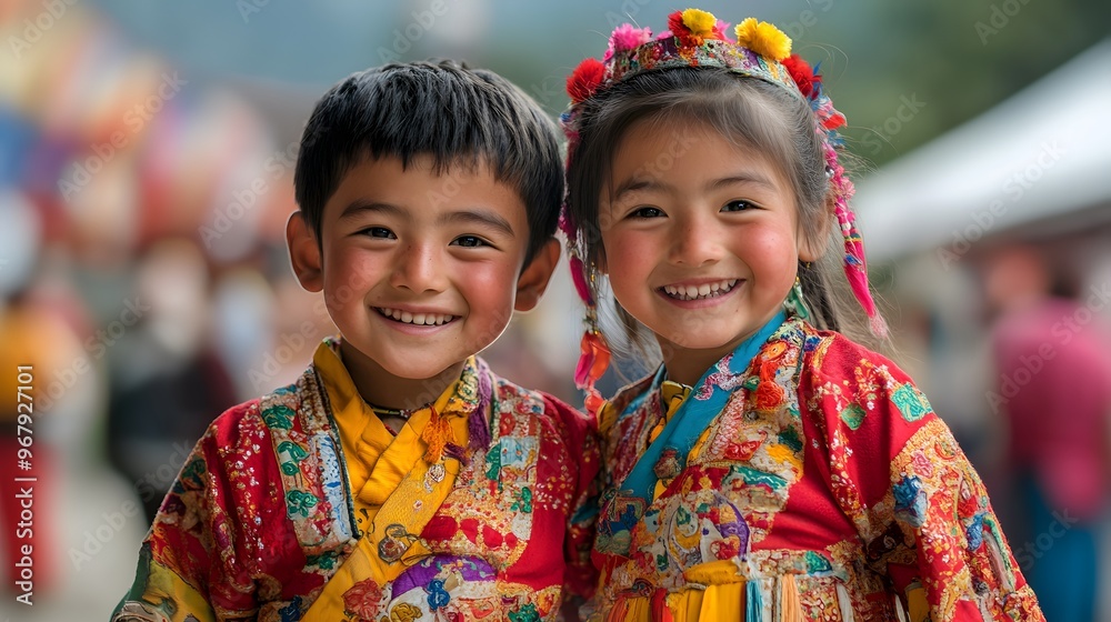Two children in traditional attire smiling joyfully. Two children in traditional attire smiling joyfully.