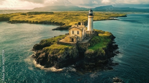 A scenic lighthouse on a rocky island surrounded by water and greenery.