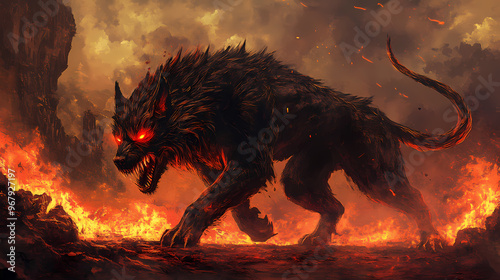 Digital artwork of a menacing hellhound with fiery eyes in a hellish landscape, perfect for gaming and fantasy projects. Cerberus. Illustration photo