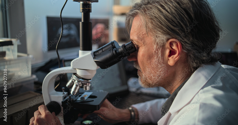Mature chemist or microbiologist analyzes sample under microscope, looks at laptop screen. Scientist or archaeologist works with professional equipment in advanced archaeological science laboratory.