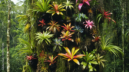 A dense growth of bromeliads and ferns attached to a tree in the Amazon rainforest, showcasing the diverse plant life in the ecosystem  photo