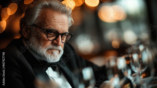 An elderly gentleman, wearing a tuxedo, is seated at an elegant dining table, surrounded by glassware and warm lights, embodying sophistication and reflection in a luxurious atmosphere.