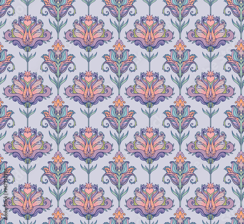 Floral colorful seamless pattern, retro 60s, 70s hippie style background. Vin...