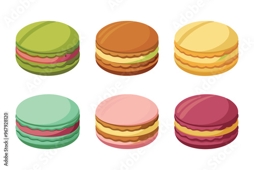 Set of different types Macaron cookies drawing vector illustration on white background