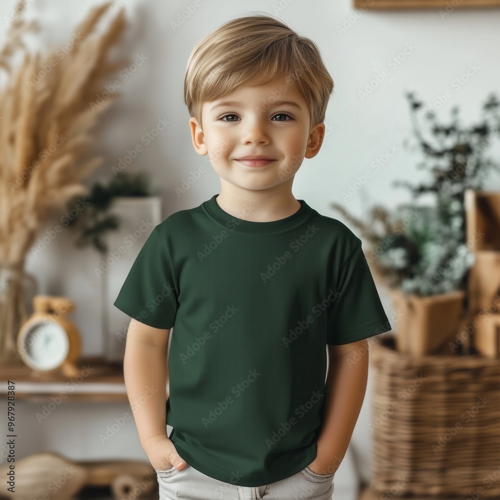 Toddler boy model mockup. Cute little baby wearing basic tshirt mock up. Kids blank t-shirt template. Crewneck dark green color shirt mock. Children's casual short sleeve tee