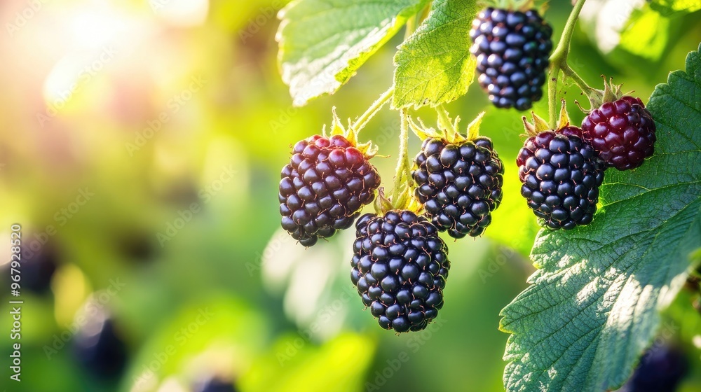 Ripe Blackberries Hanging on a Branch with Sunlight Filtering Through the Leaves Ripe Blackberries Hanging on a Branch with Sunlight Filtering Through the Leaves