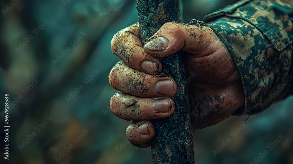 Closeup of Mud Covered Hand Holding Branch in Forest Closeup of Mud Covered Hand Holding Branch in Forest