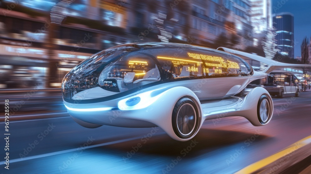 Futuristic White Flying Car on City Road at Night Futuristic White Flying Car on City Road at Night