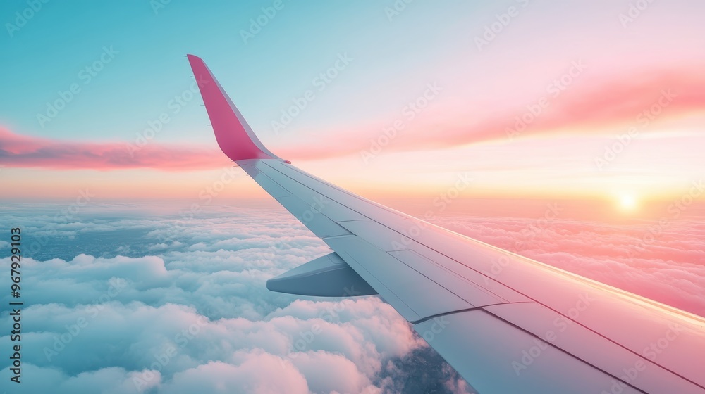 A close up shot of an airplane wing cutting through the clouds, symbolizing fast and efficient air travel. A close up shot of an airplane wing cutting through the clouds, symbolizing fast and efficient air travel.