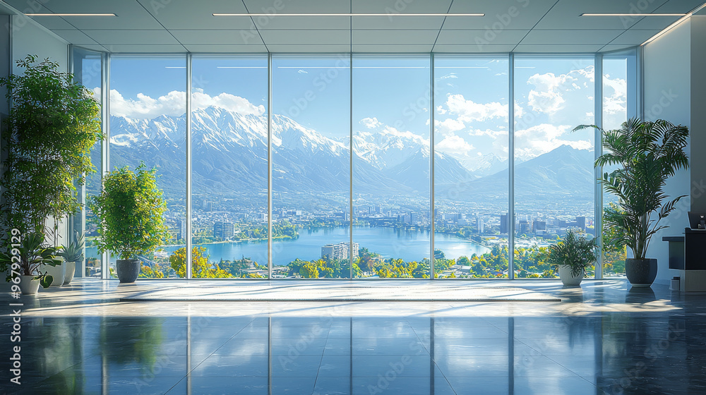 A large window with a view of a city, mountains, and a lake.