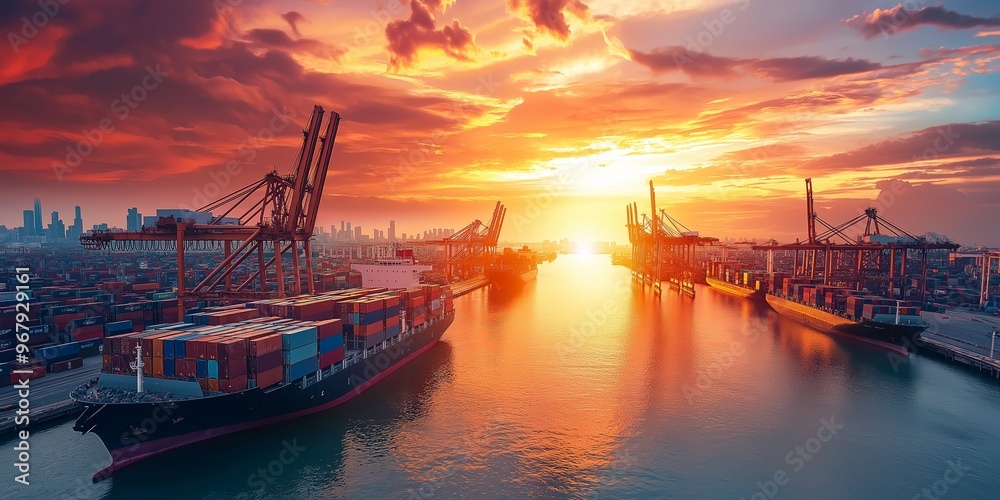 Cargo ships are moored at a busy port as the sun sets, casting vivid colors over the scene, highlighting cranes and containers. Cargo ships are moored at a busy port as the sun sets, casting vivid colors over the scene, highlighting cranes and containers.