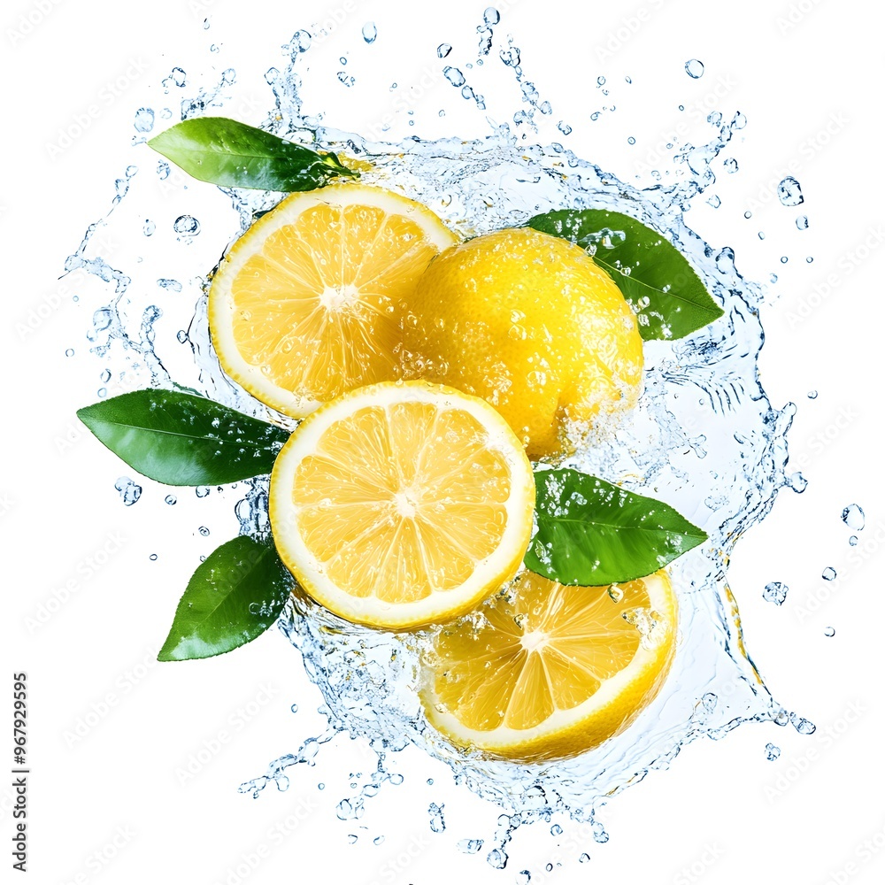 Naklejka premium Fresh lemons splashing in water with green leaves.